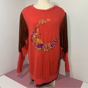 Free People Bird Red embroidered tunic sweater velvet oversized sleeves Medium